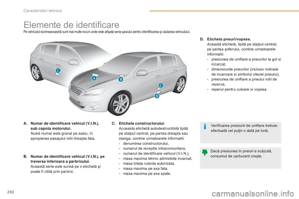 Peugeot 308 2017  Manualul de utilizare (in Romanian) 292
308_ro_Chap09_caracteristiques-techniques_ed01-2016
Elemente de identificarePe vehiculul dumneavoastră sunt mai multe locuri unde este afişată seria şasiului pentru identificarea şi căutarea