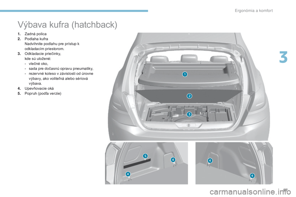 Peugeot 308 2017  Užívateľská príručka (in Slovak) 87
308_sk_Chap03_ergonomie-et-confort_ed01-2016
Výbava kufra (hatchback)
1. Zadná polica
2. Podlaha kufra
 N

advihnite podlahu pre prístup k 
odkladacím priestorom.
3.
 O

dkladacie priečinky,
 