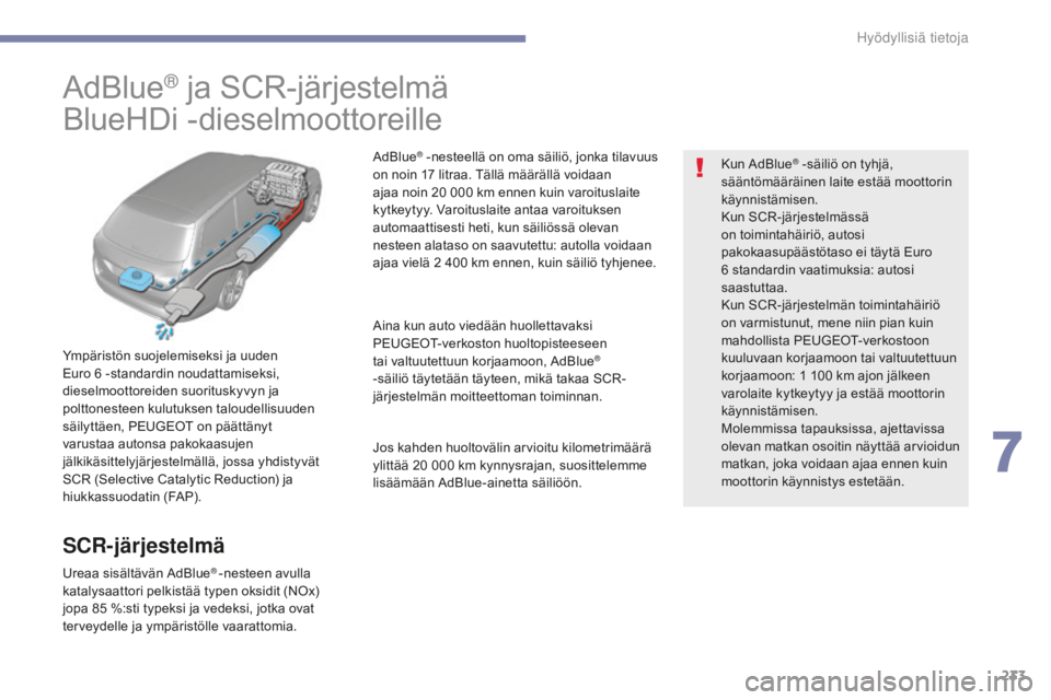Peugeot 308 2017 Omistajan käsikirja (in Finnish) 233
308_fi_Chap07_info-pratiques_ed01-2016
AdBlue® ja SCR-järjestelmä
BlueHDi -dieselmoottoreille
Ympäristön suojelemiseksi ja uuden
Euro 6
-standardin noudattamiseksi,
dieselmoottoreiden suo Peugeot 308 2017 Omistajan käsikirja (in Finnish) 233
308_fi_Chap07_info-pratiques_ed01-2016
AdBlue® ja SCR-järjestelmä
BlueHDi -dieselmoottoreille
Ympäristön suojelemiseksi ja uuden
Euro 6
-standardin noudattamiseksi,
dieselmoottoreiden suo