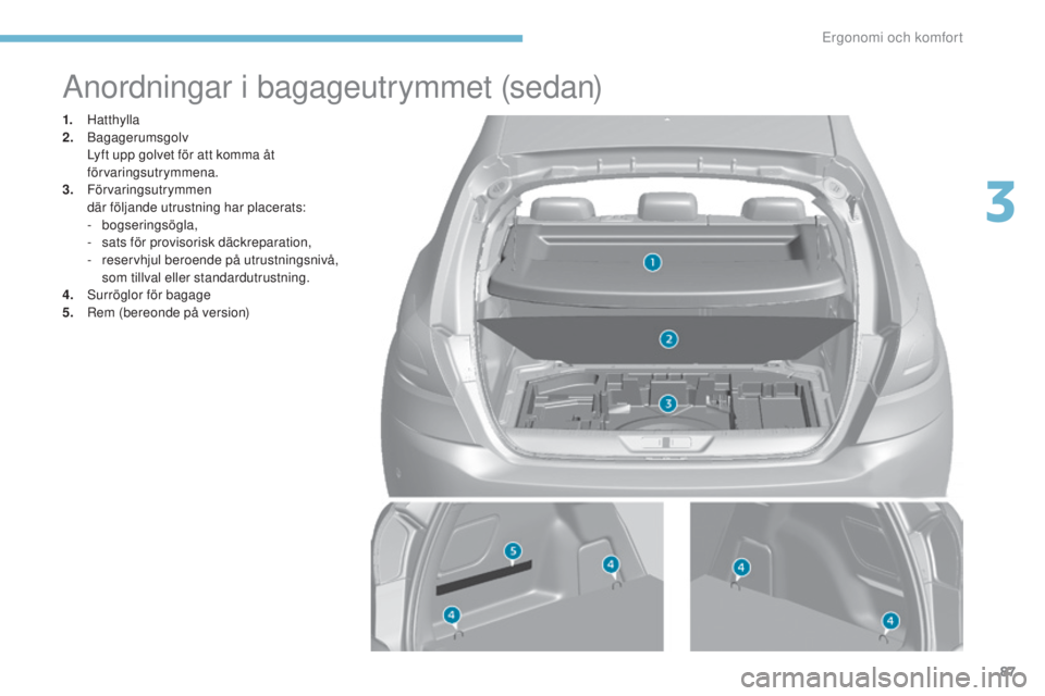 Peugeot 308 2017  Ägarmanual (in Swedish) 87
308_sv_Chap03_ergonomie-et-confort_ed01-2016
Anordningar i bagageutrymmet (sedan)
1. Hatthylla
2. B agagerumsgolv 
 L

yft upp golvet för att komma åt 
förvaringsutrymmena.
3.
 

Förvaringsutry