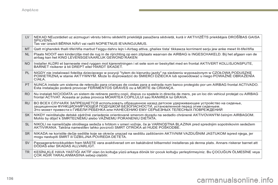 Peugeot 308 2017 Εγχειρίδιο χρήσης (in Greek) 136
LVNEK AD NEuzstādiet uz aizmuguri vērstu bērnu sēdeklīti priekšējā pasažiera sēdvietā, kurā ir AKTIVIZĒTS priekšējais DROŠĪBAS GAISA
S P I LV E N S .
Tas var izraisīt BĒRNA NĀ Peugeot 308 2017 Εγχειρίδιο χρήσης (in Greek) 136
LVNEK AD NEuzstādiet uz aizmuguri vērstu bērnu sēdeklīti priekšējā pasažiera sēdvietā, kurā ir AKTIVIZĒTS priekšējais DROŠĪBAS GAISA
S P I LV E N S .
Tas var izraisīt BĒRNA NĀ