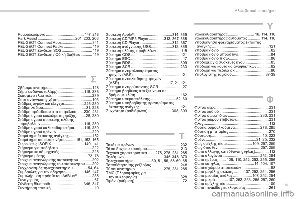 Peugeot 308 2017  Εγχειρίδιο χρήσης (in Greek) 383
308_el_Chap11_index-alpha_ed01-2016
Συσκευή Apple® .................................... 314, 369
Συσκευή CD/MP3 Player  .............. 3 12, 367, 368
Συσκευή CD Player
 
....