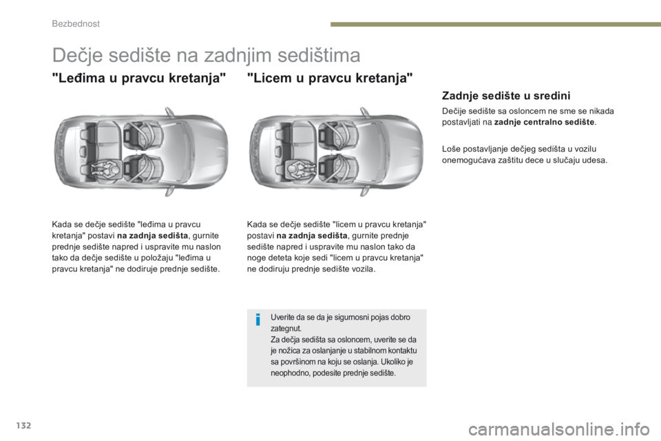 Peugeot 308 2017  Упутство за употребу (in Serbian) 132
308_sr_Chap05_securite_ed01-2016
Dečje sedište na zadnjim sedištima
"Leđima u pravcu kretanja"
Kada se dečje sedište "leđima u pravcu 
kretanja" postavi na zadnja sedišta, 