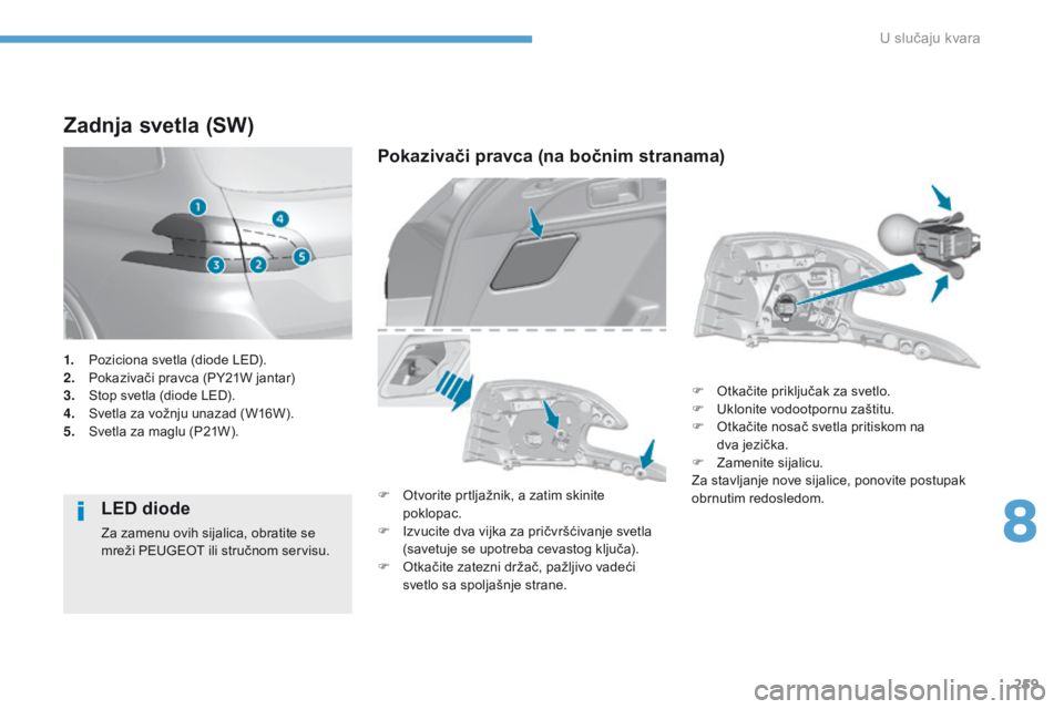 Peugeot 308 2017  Упутство за употребу (in Serbian) 259
308_sr_Chap08_En-cas-de-panne_ed01-2016
Zadnja svetla (SW)
LED diode
Za zamenu ovih sijalica, obratite se 
mreži PEUGEOT ili stručnom servisu.
Pokazivači pravca (na bočnim stranama)
F Otvorite