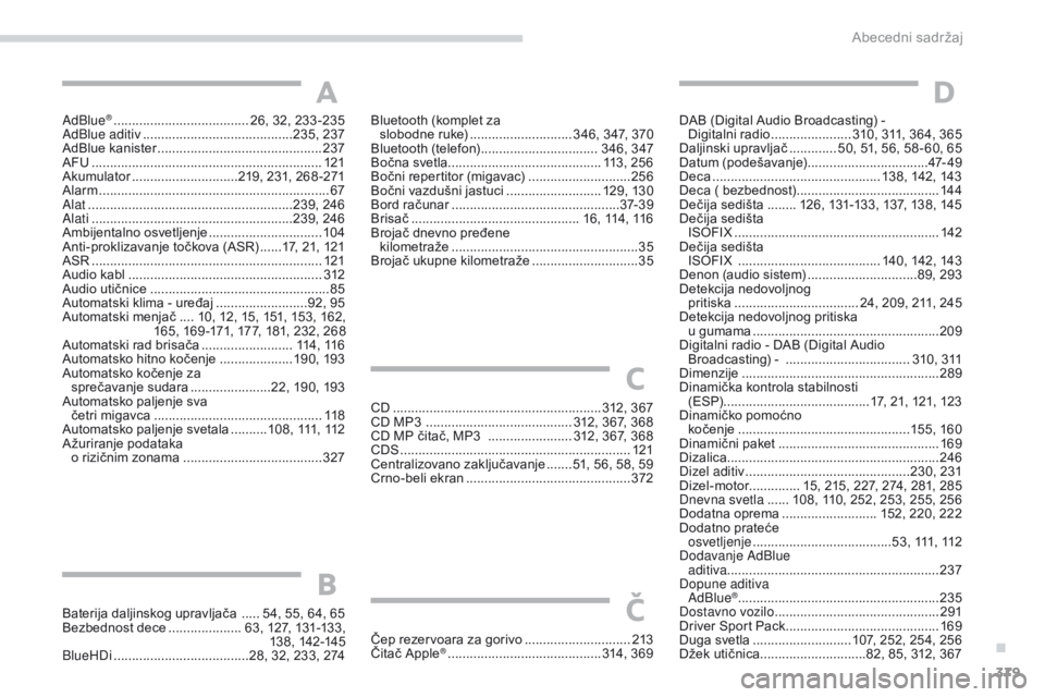 Peugeot 308 2017 Упутство за употребу (in Serbian) 379
308_sr_Chap11_index-alpha_ed01-2016
AdBlue® ..................................... 26, 32, 233 -235
AdBlue aditiv .........................................2 35, 237
AdBlue kanister
.............. Peugeot 308 2017 Упутство за употребу (in Serbian) 379
308_sr_Chap11_index-alpha_ed01-2016
AdBlue® ..................................... 26, 32, 233 -235
AdBlue aditiv .........................................2 35, 237
AdBlue kanister
..............