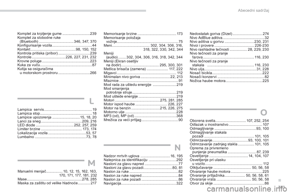 Peugeot 308 2017 Упутство за употребу (in Serbian) 381
308_sr_Chap11_index-alpha_ed01-2016
Lampica servis ...............................................19
Lampica stop ............................... ....................18
Lampice upozorenja
..... Peugeot 308 2017 Упутство за употребу (in Serbian) 381
308_sr_Chap11_index-alpha_ed01-2016
Lampica servis ...............................................19
Lampica stop ............................... ....................18
Lampice upozorenja
.....
