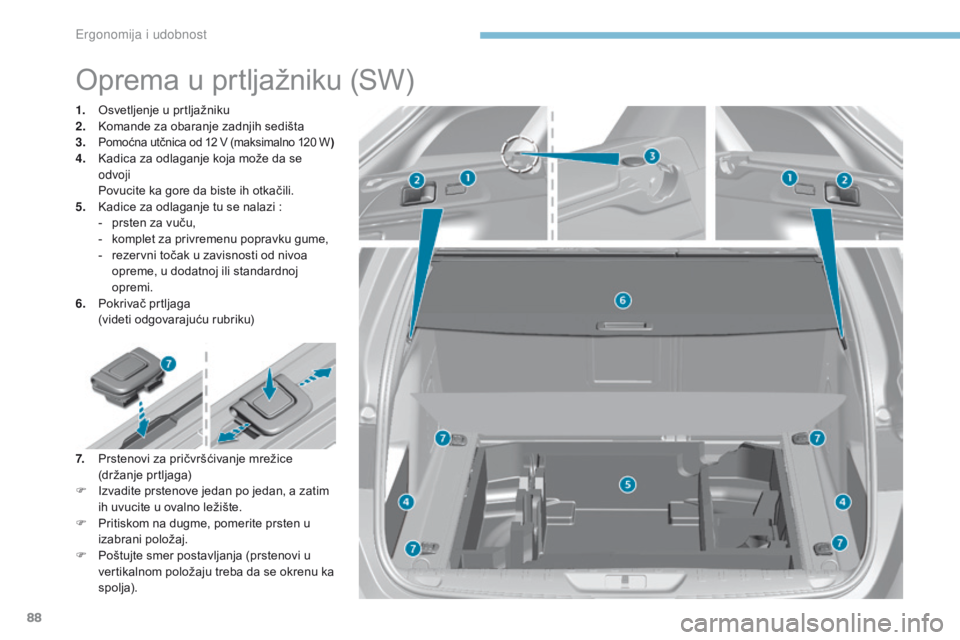 Peugeot 308 2017  Упутство за употребу (in Serbian) 88
308_sr_Chap03_ergonomie-et-confort_ed01-2016
Oprema u prtljažniku (SW)
1. Osvetljenje u prtljažniku
2. Komande za obaranje zadnjih sedišta
3.
 Pomoćna utčnica od 12 V (maksimalno 120 W )4. Kad