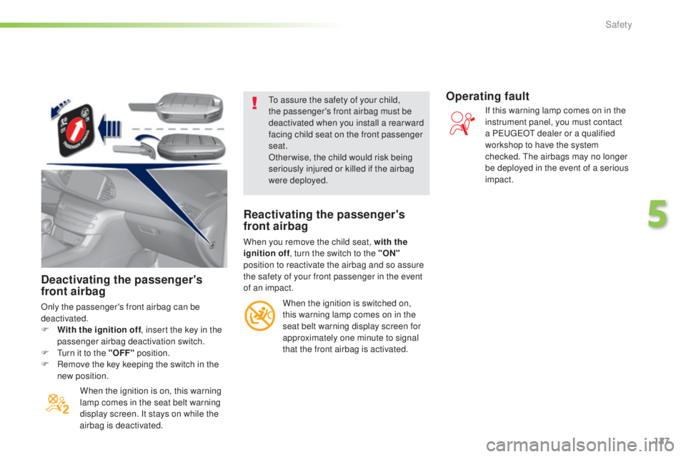 Peugeot 308 2016  Owners Manual 127
308_en_Chap05_securite_ed02-2015
Deactivating the passenger's 
front airbag
Only the passenger's front airbag can be 
deactivated.
F
 Wi
th the ignition off , insert the key in the 
passen