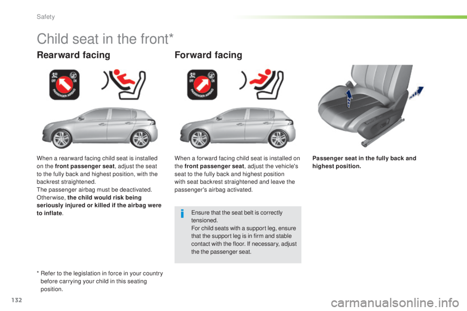 Peugeot 308 2016  Owners Manual 132
308_en_Chap05_securite_ed02-2015
Passenger seat in the fully back and 
highest position.
Rearward facing
Child seat in the front*
Forward facing
ensure that the seat belt is correctly 
t ensioned.