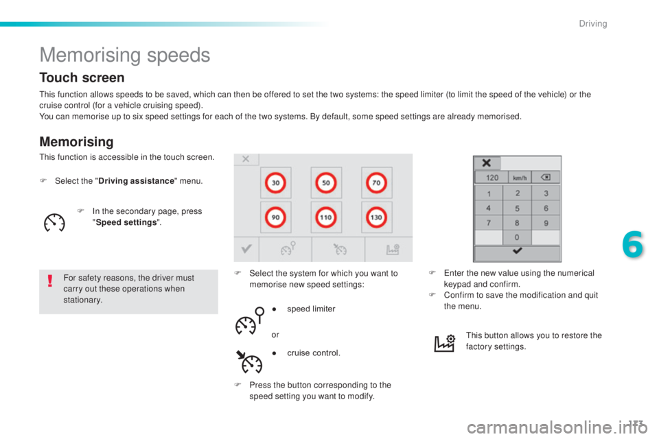 Peugeot 308 2016  Owners Manual 173
308_en_Chap06_conduite_ed02-2015
Memorising speeds
Memorising
this function allows speeds to be saved, which can then be offered to set the two systems: the speed limiter (to limit the speed of th