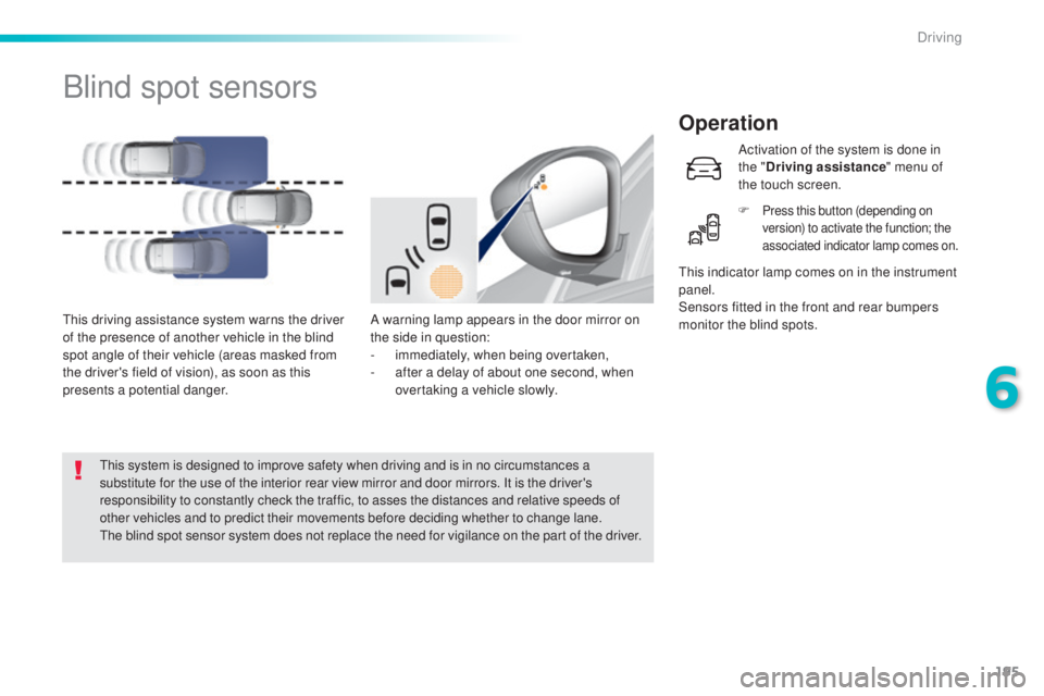 Peugeot 308 2016  Owners Manual 195
308_en_Chap06_conduite_ed02-2015
Blind spot sensors
Operation
A warning lamp appears in the door mirror on 
the side in question:
-
 im
mediately, when being overtaken,
-
 af

ter a delay of about