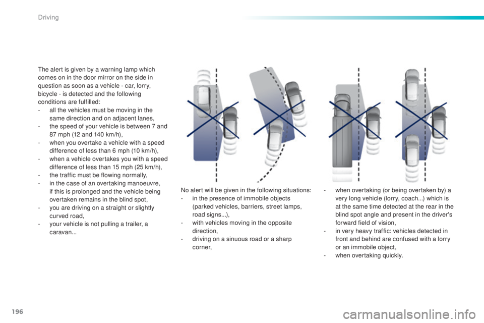 Peugeot 308 2016  Owners Manual 196
308_en_Chap06_conduite_ed02-2015
the alert is given by a warning lamp which 
c omes on in the door mirror on the side in 
question as soon as a vehicle - car, lorry, 
bicycle - is detected and the