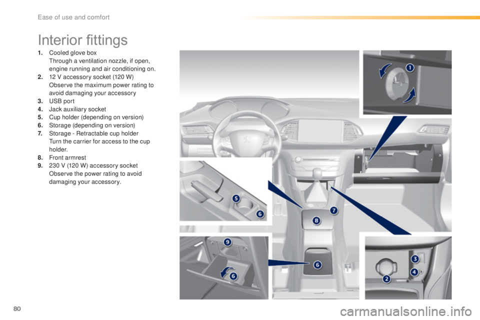 Peugeot 308 2016  Owners Manual 80
308_en_Chap03_ergonomie-et-confort_ed02-2015
Interior fittings
1. Cooled glove box  through a ventilation nozzle, if open, 
engine running and air conditioning on.
2.
 12 V a

ccessory socket (120 