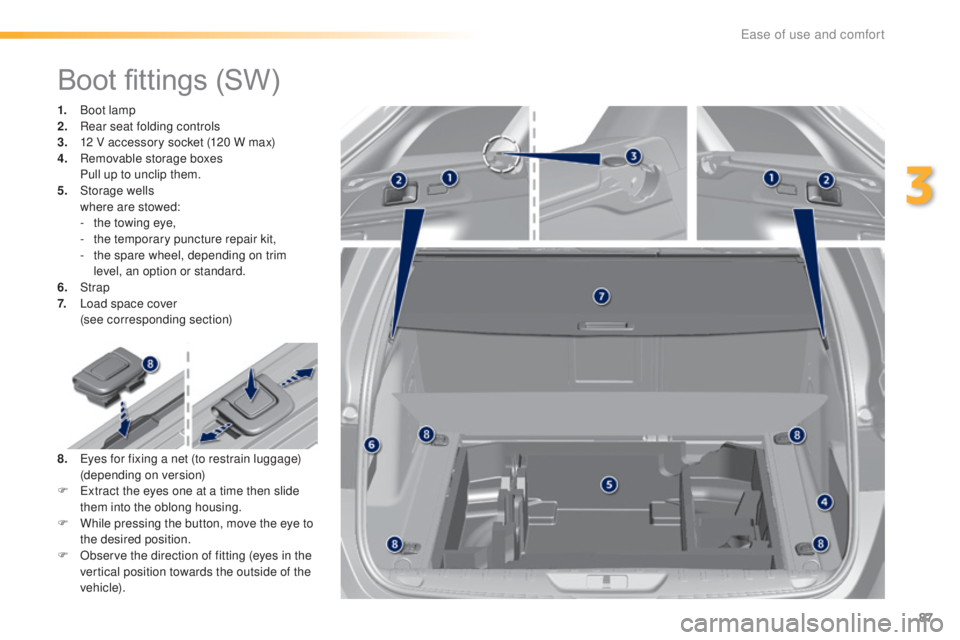 Peugeot 308 2016  Owners Manual 87
308_en_Chap03_ergonomie-et-confort_ed02-2015
Boot fittings (SW)
1. Boot lamp
2. Rea r seat folding controls
3.
 12 V a

ccessory socket (120 W max)
4.
 Re

movable storage boxes
 Pu

ll up to uncli