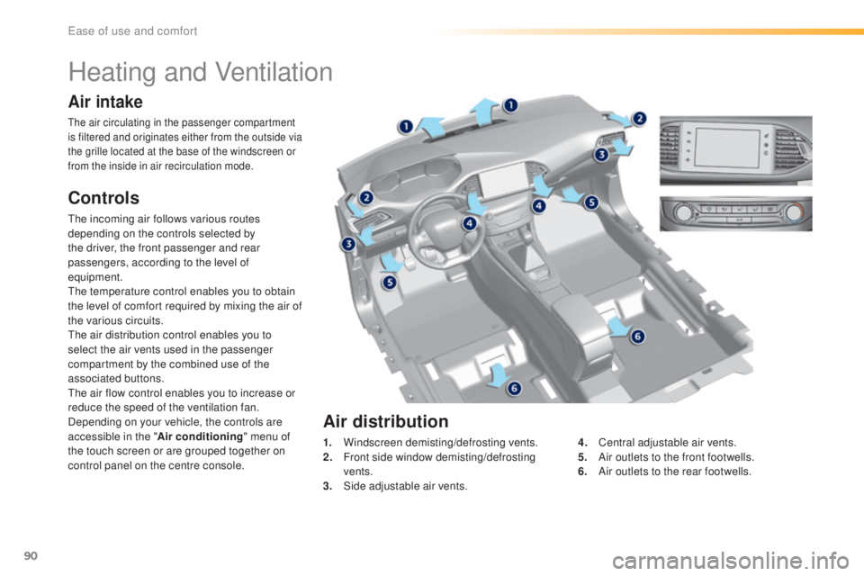 Peugeot 308 2016  Owners Manual 90
308_en_Chap03_ergonomie-et-confort_ed02-2015
Heating and Ventilation
Air intake
the air circulating in the passenger compartment 
i s filtered and originates either from the outside via 
the grille