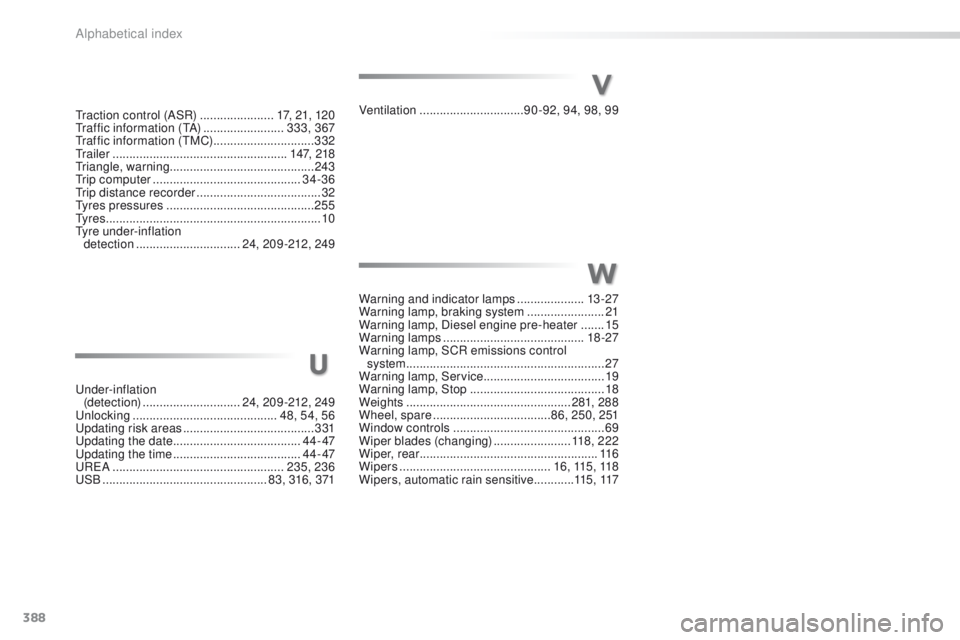 Peugeot 308 2016  Owners Manual - RHD (UK, Australia) 388
traction control (ASR) ......................17, 21, 120tr
affic information (tA )  ........................333, 367
tr

affic information (
tM
 C)
 ..............................3

32
t

r a i l 