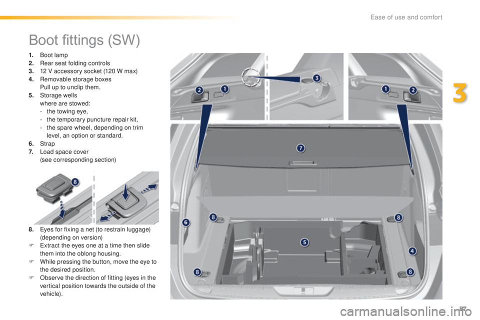Peugeot 308 2016  Owners Manual - RHD (UK, Australia) 87
Boot fittings (SW)
1. Boot lamp
2. Rear seat folding controls
3.
 1

2 V accessory socket (120 W max)
4.
 R

emovable storage boxes
 P

ull up to unclip them.
5.
 St

orage wells
 w

here are stowe
