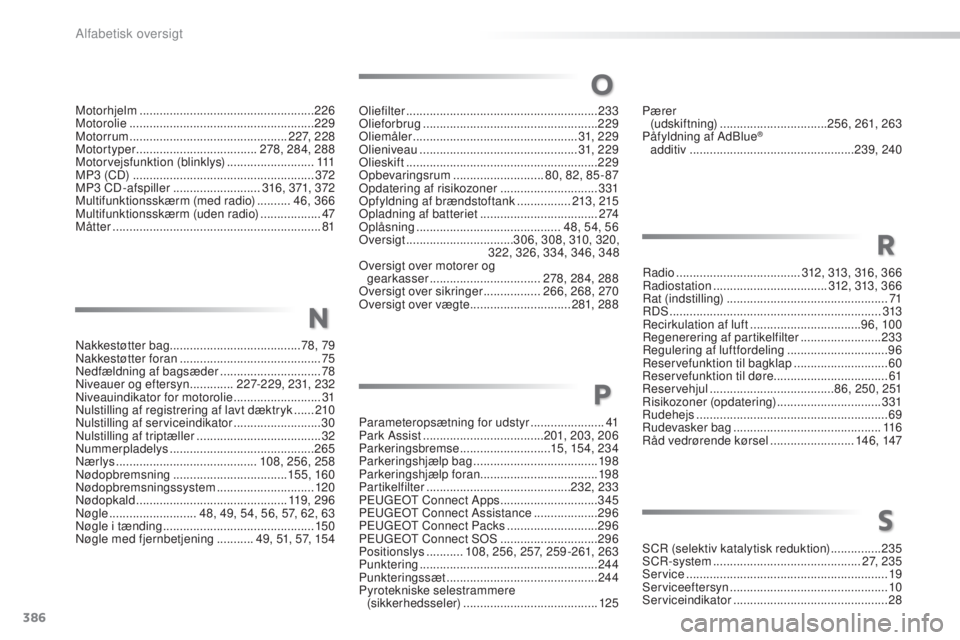 Peugeot 308 2016  Instruktionsbog (in Danish) 386
308_da_Chap11_index-alpha_ed02-2015
oliefilter ......................................................... 233ol
ieforbrug .................................................... 2
29
ol

iemåler
 ...