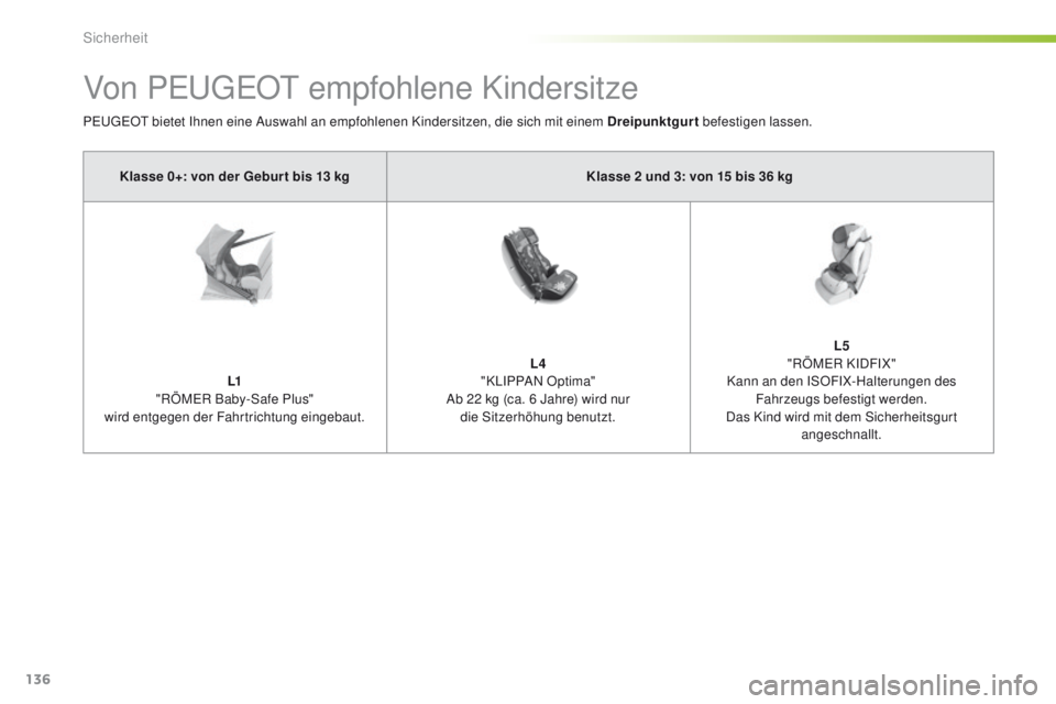 Peugeot 308 2016  Betriebsanleitung (in German) 136
308_de_Chap05_securite_ed02-2015
Von PeugeOt empfohlene Kindersitze
PeugeOt bietet Ihnen eine Auswahl an empfohlenen Kindersitzen, die sich mit einem Dreipunktgurt  befestigen lassen.
Klasse 0+: v