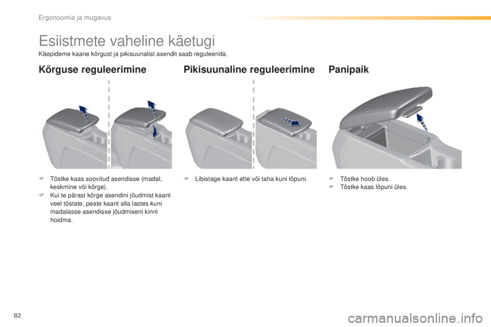 Peugeot 308 2016  Omaniku käsiraamat (in Estonian) 82
308_et_Chap03_ergonomie-et-confort_ed02-2015
esiistmete vaheline käetugi
Käepideme kaane kõrgust ja pikisuunalist asendit saab reguleerida.
F  t
õ
 stke kaas soovitud asendisse (madal, 
keskmin