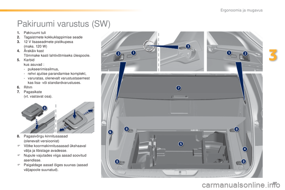 Peugeot 308 2016  Omaniku käsiraamat (in Estonian) 87
308_et_Chap03_ergonomie-et-confort_ed02-2015
Pakiruumi varustus (SW)
1. Pakiruumi tuli
2. ta gaistmete kokkuklappimise seade
3.
 1

2 V lisaseadmete pistikupesa 
(maks.
  120   W)
4.
 Ä

rakäiv k