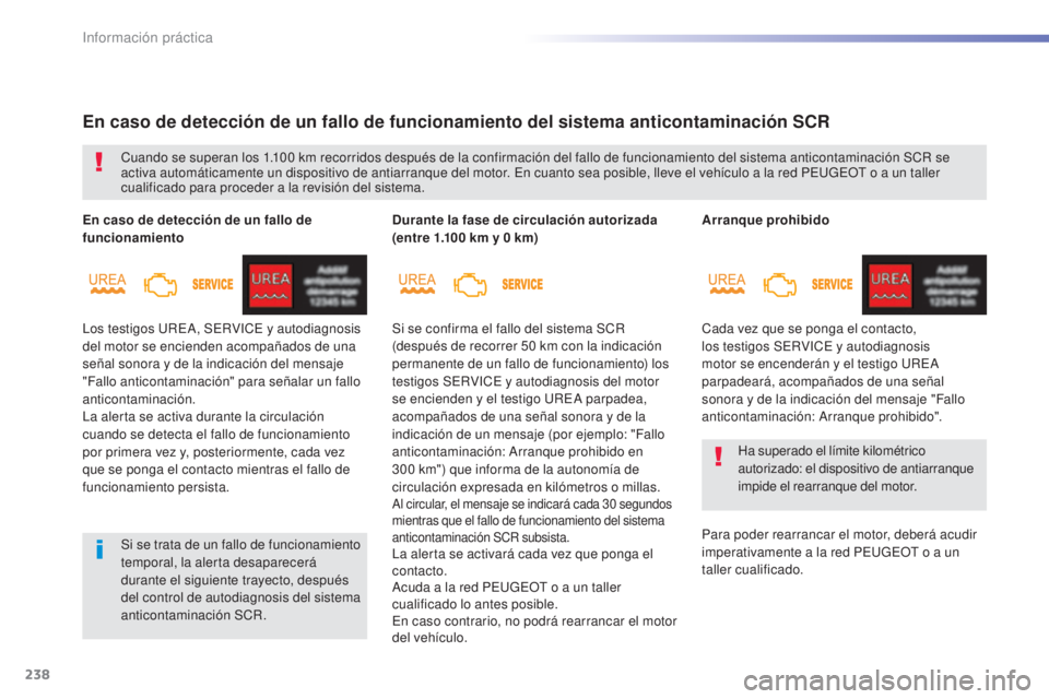 Peugeot 308 2016  Manual del propietario (in Spanish) 238
308_es_Chap07_info-pratiques_ed02-2015
Arranque prohibido
Cada vez que se ponga el contacto, 
los testigos SERVICE y autodiagnosis 
motor se encenderán y el testigo UREA 
parpadeará, acompañado