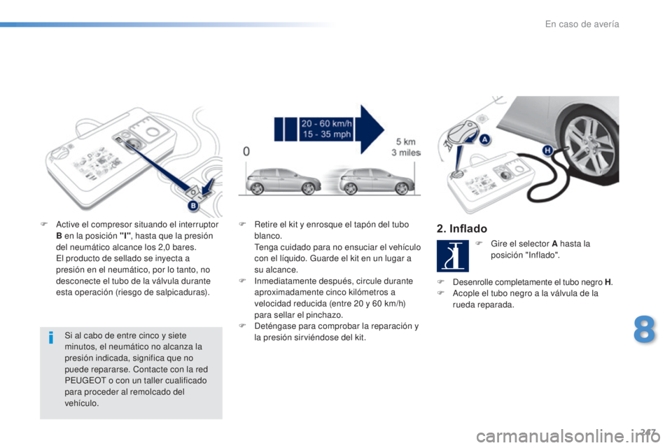 Peugeot 308 2016  Manual del propietario (in Spanish) 247
308_es_Chap08_En-cas-de-panne_ed02-2015
Si al cabo de entre cinco y siete 
minutos, el neumático no alcanza la 
presión indicada, significa que no 
puede repararse. Contacte con la red 
PEUGEOT 