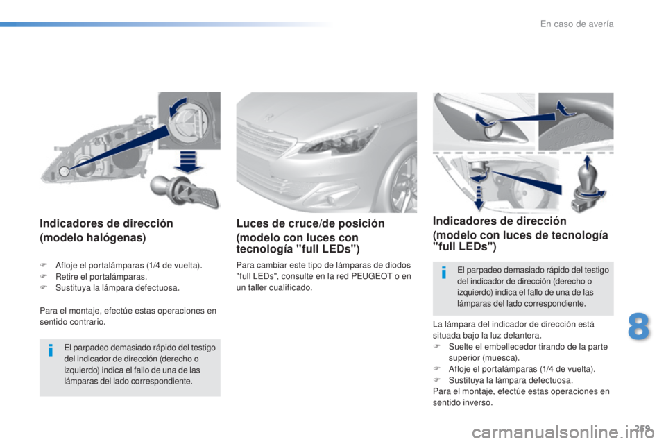 Peugeot 308 2016  Manual del propietario (in Spanish) 259
308_es_Chap08_En-cas-de-panne_ed02-2015
Para el montaje, efectúe estas operaciones en 
sentido contrario.
Indicadores de dirección
(modelo halógenas)
El parpadeo demasiado rápido del testigo 
