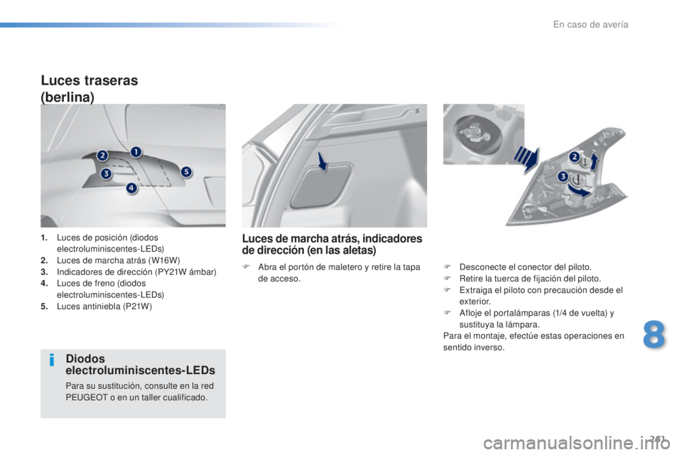 Peugeot 308 2016  Manual del propietario (in Spanish) 261
308_es_Chap08_En-cas-de-panne_ed02-2015
1. Luces de posición (diodos electroluminiscentes-LEDs)
2.
 L

uces de marcha atrás (W16W)
3.
 I

ndicadores de dirección (PY21W ámbar)
4.
 L

uces de f