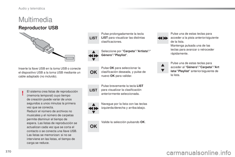 Peugeot 308 2016  Manual del propietario (in Spanish) 370
308_es_Chap10d_RD45_ed02-2015
Multimedia
Reproductor USB
Inserte la llave USB en la toma USB o conecte 
el dispositivo USB a la toma USB mediante un 
cable adaptado (no incluido).El sistema crea l