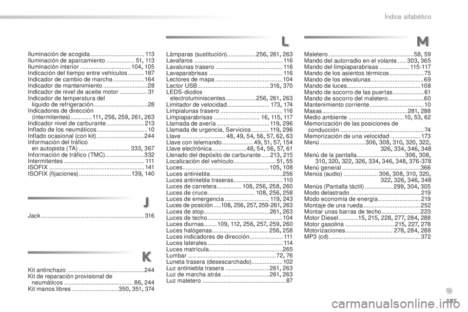 Peugeot 308 2016  Manual del propietario (in Spanish) 385
308_es_Chap11_index-alpha_ed02-2015
Jack ...............................................................316
Kit antinchazo
 
 ............................................... 244
Kit de reparación