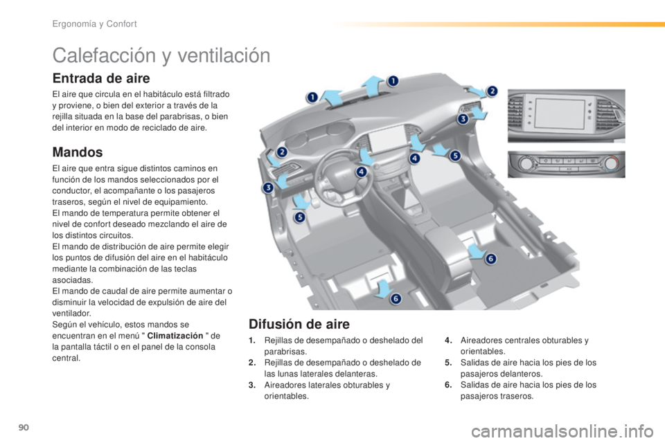 Peugeot 308 2016  Manual del propietario (in Spanish) 90
308_es_Chap03_ergonomie-et-confort_ed02-2015
Calefacción y ventilación
Entrada de aire
El aire que circula en el habitáculo está filtrado 
y proviene, o bien del exterior a través de la 
rejil
