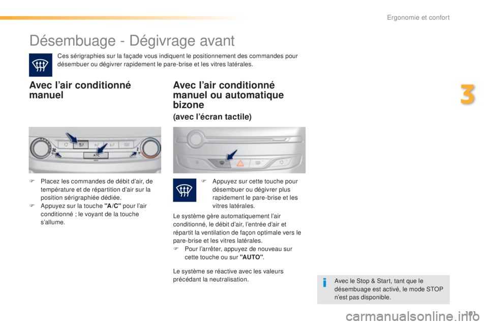 Peugeot 308 2016  Manuel du propriétaire (in French) 101
Désembuage - Dégivrage avant
Ces sérigraphies sur la façade vous indiquent le positionnement des commandes pour 
désembuer ou dégivrer rapidement le pare-brise et les vitres latérales.
Avec