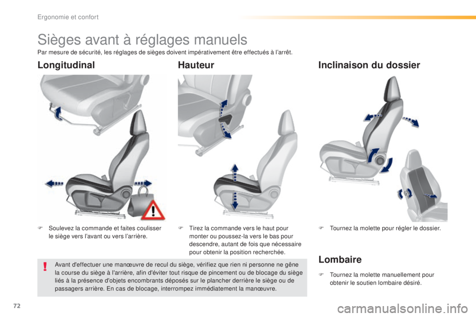 Peugeot 308 2016  Manuel du propriétaire (in French) 72
Sièges avant à réglages manuels
F Soulevez la commande et faites coulisser le siège vers l’avant ou vers l’arrière. F
 T irez la commande vers le haut pour 
monter ou poussez-la vers le ba