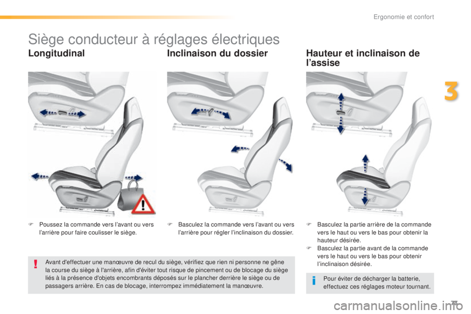 Peugeot 308 2016  Manuel du propriétaire (in French) 73
Siège conducteur à réglages électriques
LongitudinalInclinaison du dossier Hauteur et inclinaison de 
l’assise
Pour éviter de décharger la batterie, 
effectuez ces réglages moteur tournant