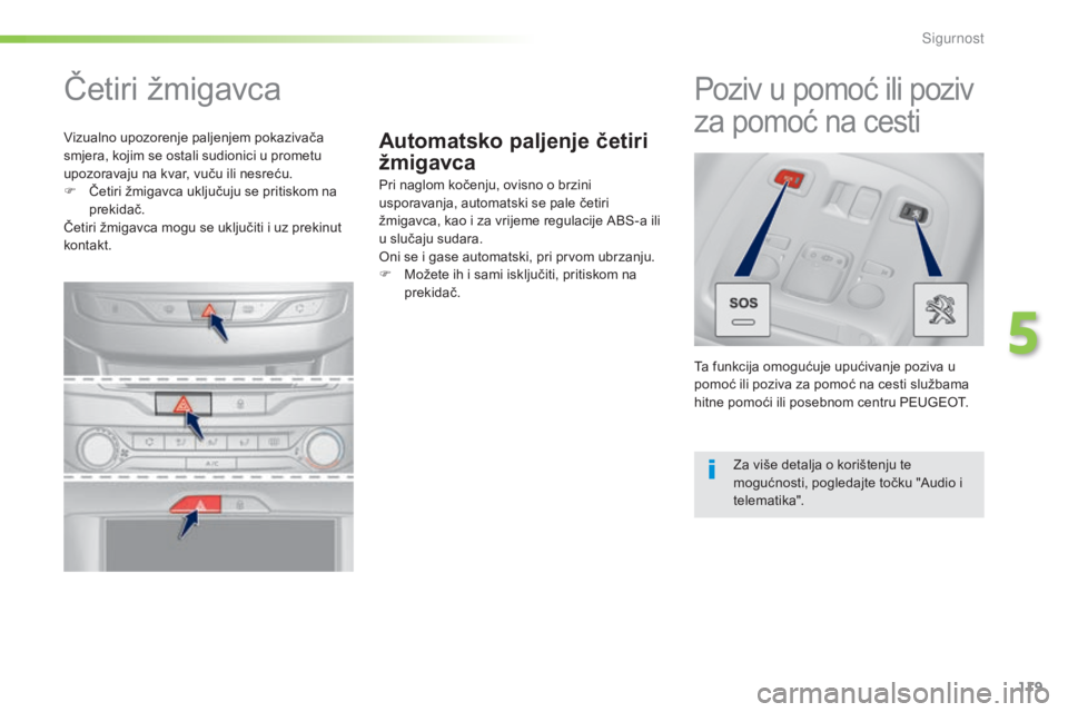 Peugeot 308 2016  Vodič za korisnike (in Croatian) 119
308_hr_Chap05_securite_ed02-2015
Automatsko paljenje četiri 
žmigavca
Četiri žmigavca
Pri naglom kočenju, ovisno o brzini 
usporavanja, automatski se pale četiri 
žmigavca, kao i za vrijeme