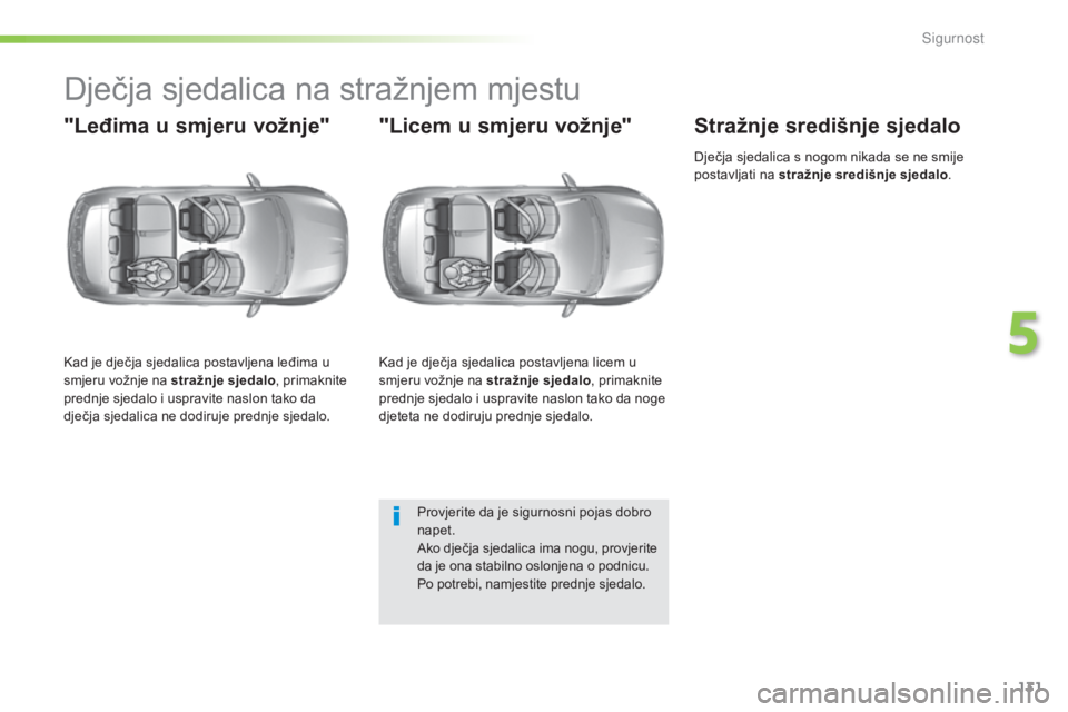 Peugeot 308 2016  Vodič za korisnike (in Croatian) 131
308_hr_Chap05_securite_ed02-2015
Dječja sjedalica na stražnjem mjestu
"Leđima u smjeru vožnje"
Kad je dječja sjedalica postavljena leđima u 
smjeru vožnje na stražnje sjedalo, prim
