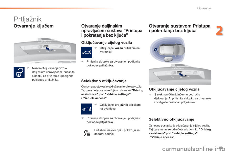 Peugeot 308 2016  Vodič za korisnike (in Croatian) 59
308_hr_Chap02_ouvertures_ed02-2015
Prtljažnik
F Nakon otključavanja vozila daljinskim upravljačem, pritisnite 
sklopku za otvaranje i podignite 
poklopac prtljažnika.
Otvaranje daljinskim 
upra