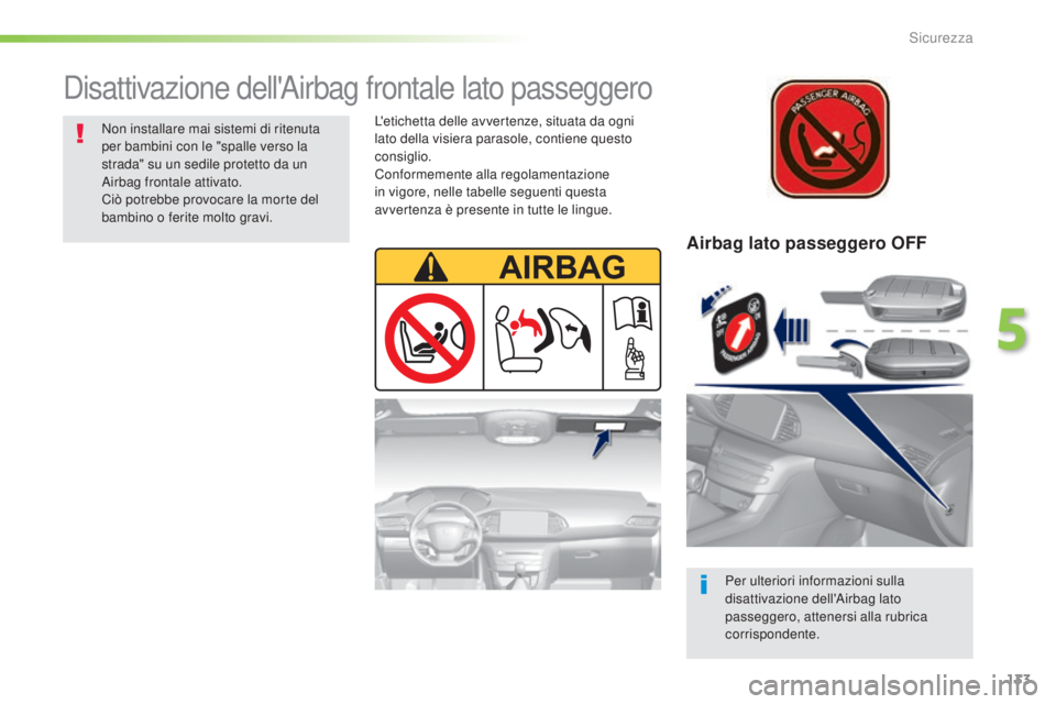 Peugeot 308 2016  Manuale del proprietario (in Italian) 133
308_it_Chap05_securite_ed02-2015
Airbag lato passeggero OFF
Per ulteriori informazioni sulla 
disattivazione dell'Airbag lato 
passeggero, attenersi alla rubrica 
corrispondente.
Disattivazion