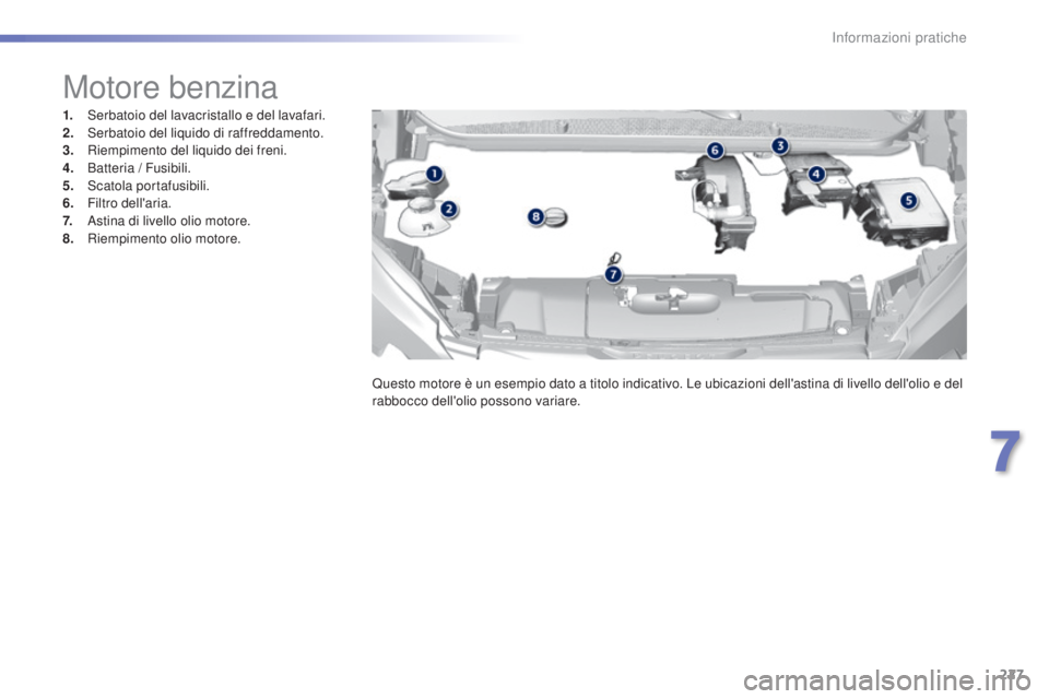 Peugeot 308 2016  Manuale del proprietario (in Italian) 227
308_it_Chap07_info-pratiques_ed02-2015
Motore benzina
1. Serbatoio del lavacristallo e del lavafari.
2. Serbatoio del liquido di raffreddamento.
3.
 R

iempimento del liquido dei freni.
4.
 B

att