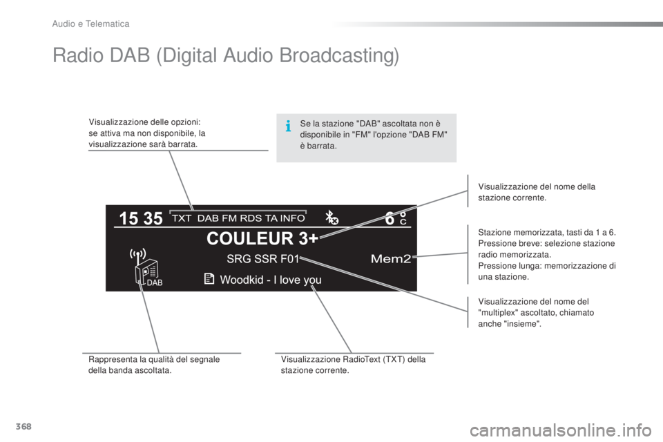 Peugeot 308 2016  Manuale del proprietario (in Italian) 368
308_it_Chap10d_RD45_ed02-2015
Radio DAB (Digital Audio Broadcasting)
Visualizzazione delle opzioni:
se attiva ma non disponibile, la 
visualizzazione sarà barrata.Stazione memorizzata, tasti da 1