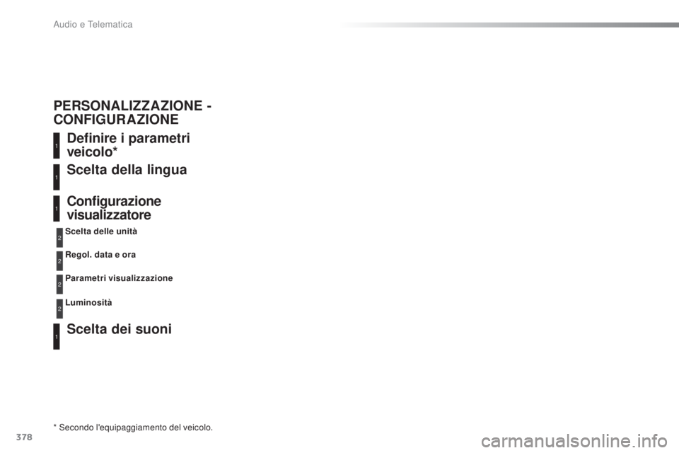 Peugeot 308 2016  Manuale del proprietario (in Italian) 378
308_it_Chap10d_RD45_ed02-2015
Definire i parametri 
veicolo*
Scelta dei suoni Scelta della lingua
Configurazione 
visualizzatore
* Secondo l'equipaggiamento del veicolo.Scelta delle unità
Reg