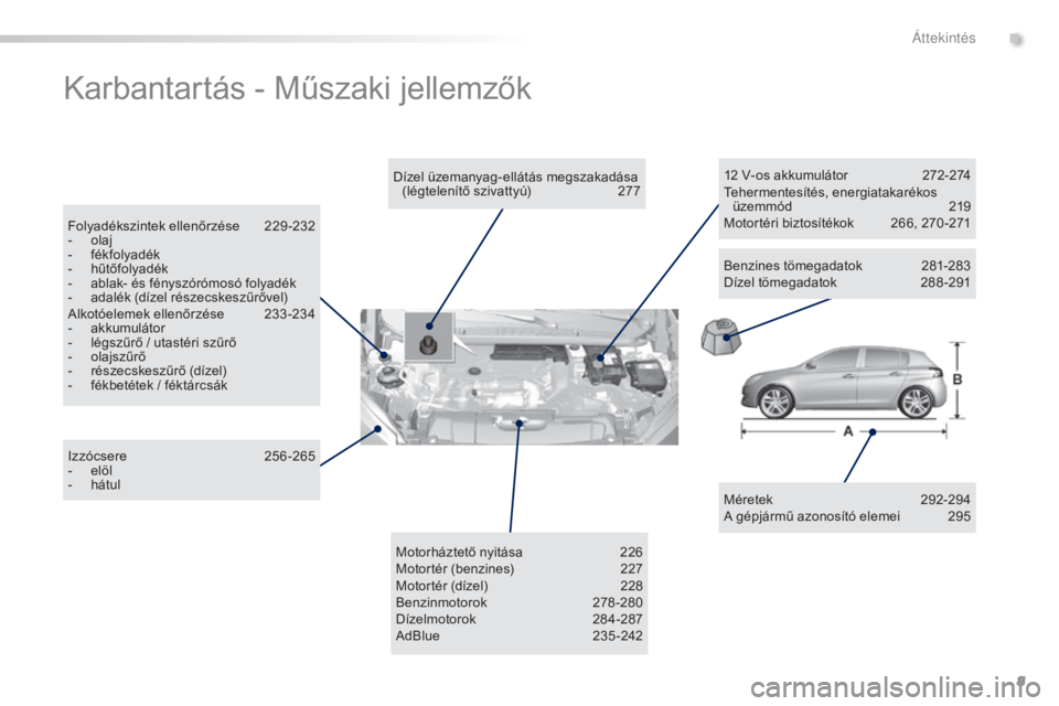 Peugeot 308 2016  Kezelési útmutató (in Hungarian) 9
308_hu_Chap00b_vue-ensemble_ed02-2015
Karbantartás - Műszaki jellemzők
Méretek 292-294
A gépjármű azonosító elemei  2 95
Dízel üzemanyag-ellátás megszakadása 
(légtelenítő szivatty