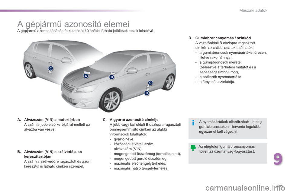 Peugeot 308 2016  Kezelési útmutató (in Hungarian) 295
308_hu_Chap09_caracteristiques-techniques_ed02-2015
A gépjármű azonosító elemeiA gépjármű azonosítását és felkutatását különféle látható jelölések teszik lehetővé.
A.
 A
lv