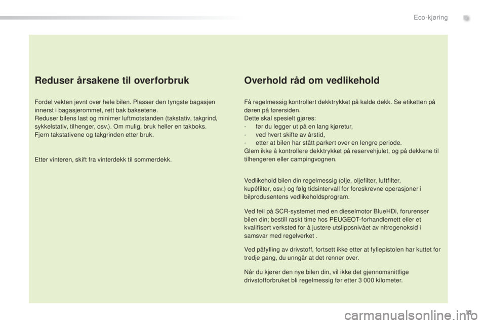 Peugeot 308 2016 Brukerhåndbok (in Norwegian) 11
308_no_Chap00c_eco-conduite_ed02-2015
Reduser årsakene til overforbruk
Fordel vekten jevnt over hele bilen. Plasser den tyngste bagasjen
innerst i bagasjerommet, rett bak baksetene.
Reduser bilen Peugeot 308 2016 Brukerhåndbok (in Norwegian) 11
308_no_Chap00c_eco-conduite_ed02-2015
Reduser årsakene til overforbruk
Fordel vekten jevnt over hele bilen. Plasser den tyngste bagasjen
innerst i bagasjerommet, rett bak baksetene.
Reduser bilen
