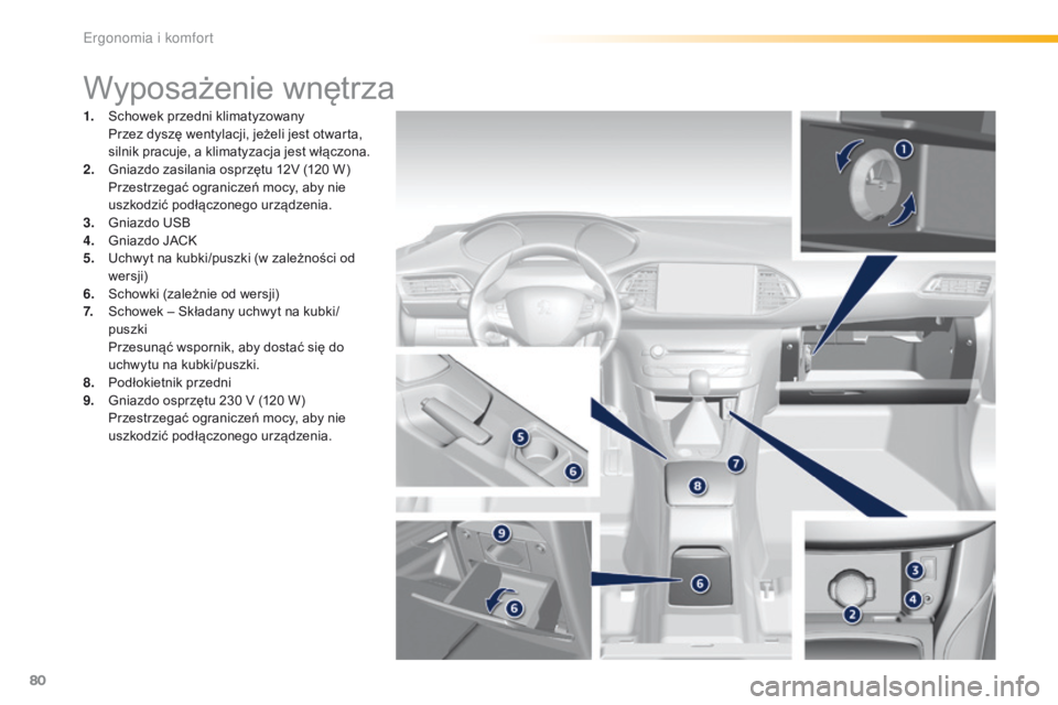 Peugeot 308 2016  Instrukcja Obsługi (in Polish) 80
308_pl_Chap03_ergonomie-et-confort_ed02-2015
Wyposażenie wnętrza
1. Schowek przedni klimatyzowany  Przez dyszę wentylacji, jeżeli jest otwarta, 
silnik pracuje, a klimatyzacja jest włączona.
