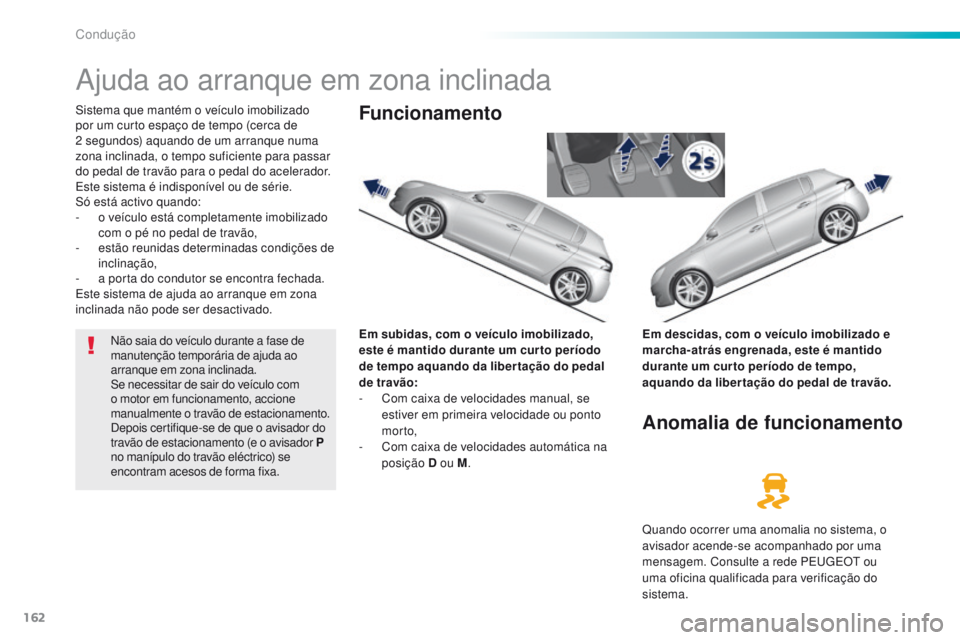 Peugeot 308 2016 Manual do proprietário (in Portuguese) 162
308_pt_Chap06_conduite_ed02-2015
Ajuda ao arranque em zona inclinada
Sistema que mantém o veículo imobilizado
por um curto espaço de tempo (cerca de
2 segundos) aquando de um arranque numa
Peugeot 308 2016 Manual do proprietário (in Portuguese) 162
308_pt_Chap06_conduite_ed02-2015
Ajuda ao arranque em zona inclinada
Sistema que mantém o veículo imobilizado
por um curto espaço de tempo (cerca de
2 segundos) aquando de um arranque numa