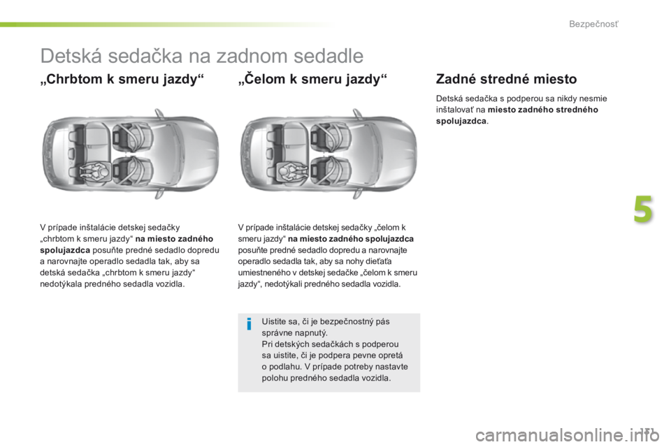 Peugeot 308 2016  Užívateľská príručka (in Slovak) 131
308_sk_Chap05_securite_ed02-2015
Detská sedačka na zadnom sedadle
„Chrbtom k smeru jazdy“
V prípade inštalácie detskej sedačky 
„chrbtom k smeru jazdy“ na miesto zadného 
spolujazdc