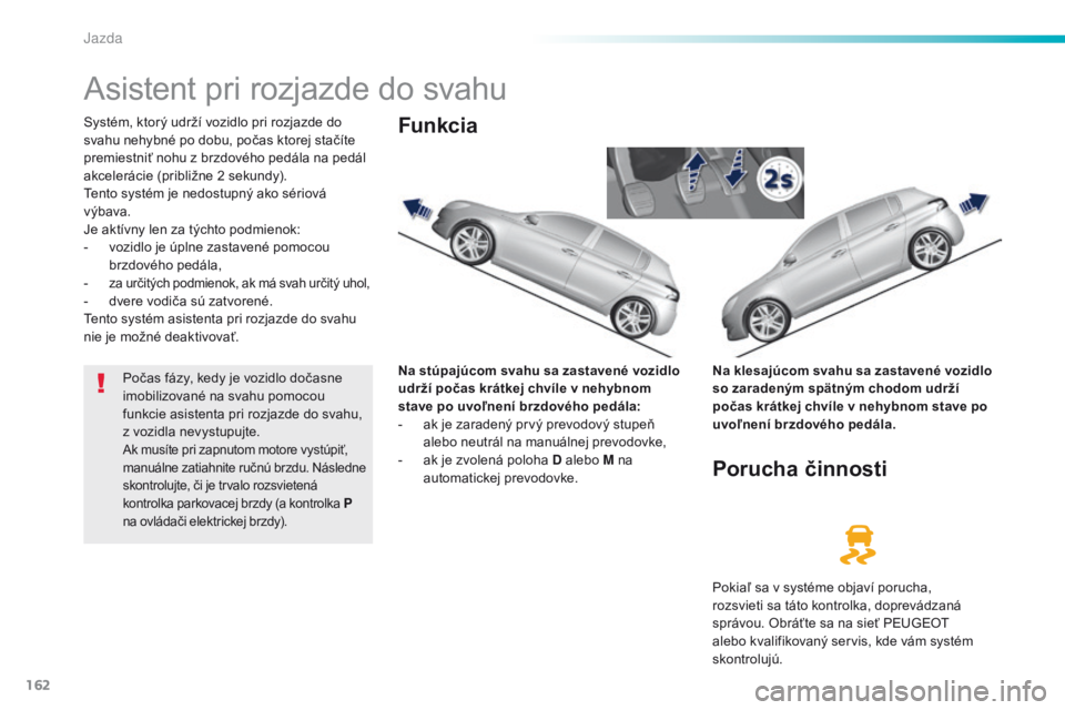 Peugeot 308 2016 Užívateľská príručka (in Slovak) 162
308_sk_Chap06_conduite_ed02-2015
Asistent pri rozjazde do svahu
Systém, ktorý udrží vozidlo pri rozjazde do
svahu nehybné po dobu, počas ktorej stačíte
premiestniť nohu z brzdového ped Peugeot 308 2016 Užívateľská príručka (in Slovak) 162
308_sk_Chap06_conduite_ed02-2015
Asistent pri rozjazde do svahu
Systém, ktorý udrží vozidlo pri rozjazde do
svahu nehybné po dobu, počas ktorej stačíte
premiestniť nohu z brzdového ped