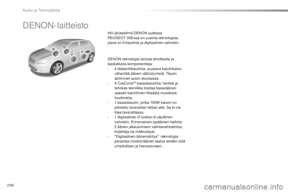 Peugeot 308 2016  Omistajan käsikirja (in Finnish) 298
308_fi_Chap10b_DENON_ed02-2015
DeNoN-laitteisto
Hifi-järjestelmä DeNoN  uudessa 
Pe ugeot  308:ssa on uusinta teknologiaa, 
jossa on 9
 

kaiutinta ja digitaalinen vahvistin.
D
eNoN

-teknologia